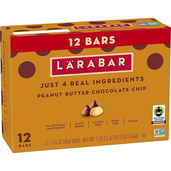 Larabar Peanut Butter Chocolate Chip, Fruit and Nut Bars, Gluten Free and Vegan, 19.2 oz, 12 Ct