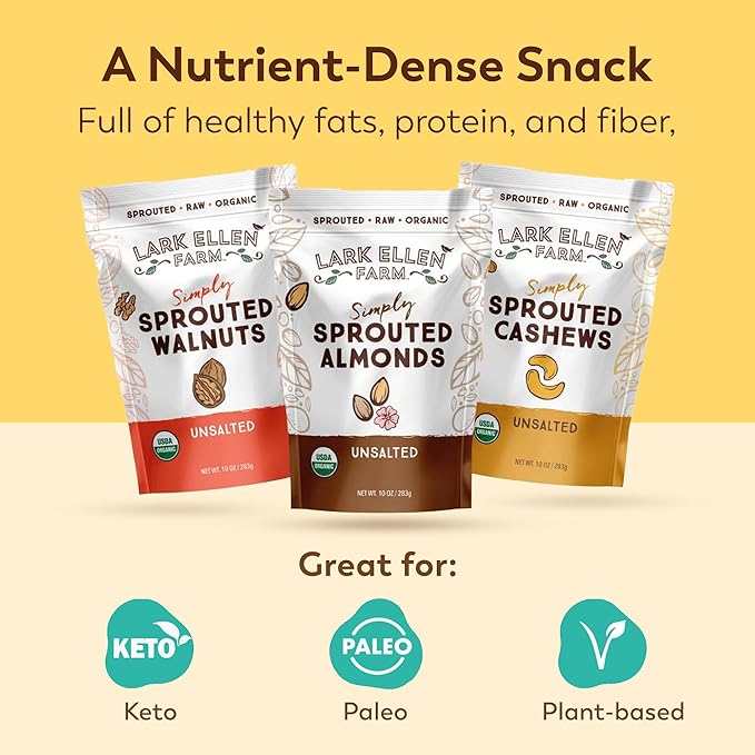 Lark Ellen Farm Sprouted Organic Nuts Variety Pack ??Almonds, Walnuts & Cashews ??Raw, Vegan