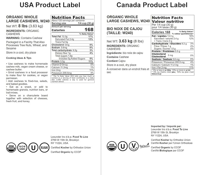 Food to Live Organic Cashews, 8 Pounds ??Whole, Size W-240, Unsalted, Non-GMO, Kosher, Raw, Vegan