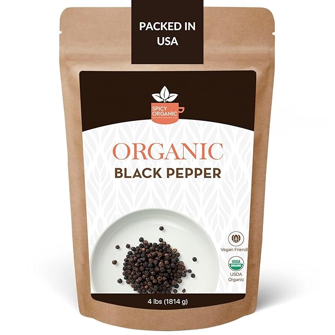 SPICY ORGANIC Whole Black Pepper - 4 lb. - Fresh and Aromatic Peppercorns, Perfect for Grinder