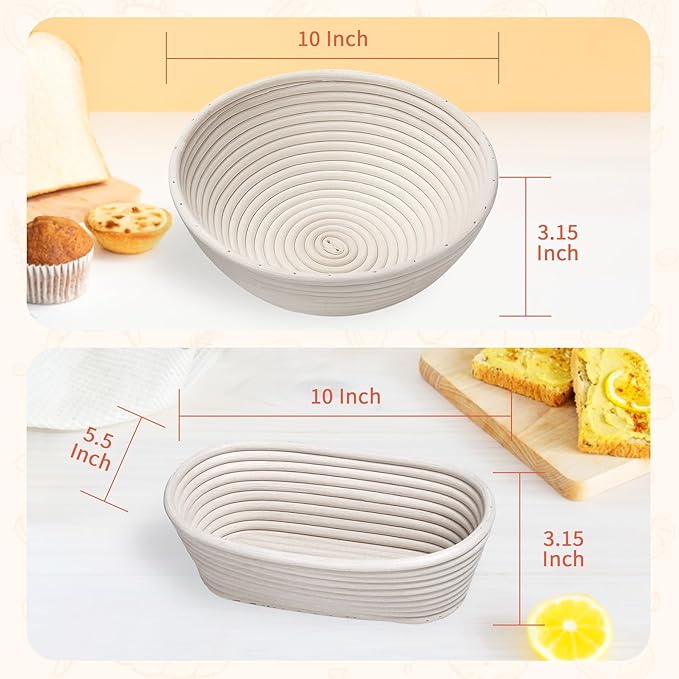 10 Inch Round & Oval Sourdough Proofing Basket Set, Banneton Bread Proofing Basket with Starter