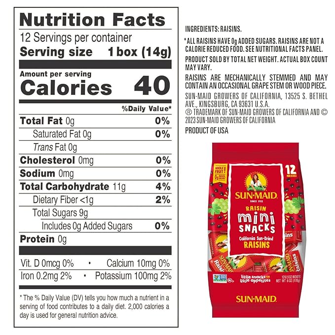 Sun-Maid California Sun-Dried Raisins - (144 Pack) 0.5 oz Snack-Size Box - Dried Fruit Snack for