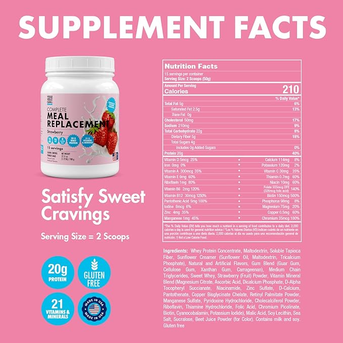 Yes You Can! Meal Replacement Shake - 20G Protein, 5G Fiber, 21 Vitamins & Minerals - Meal