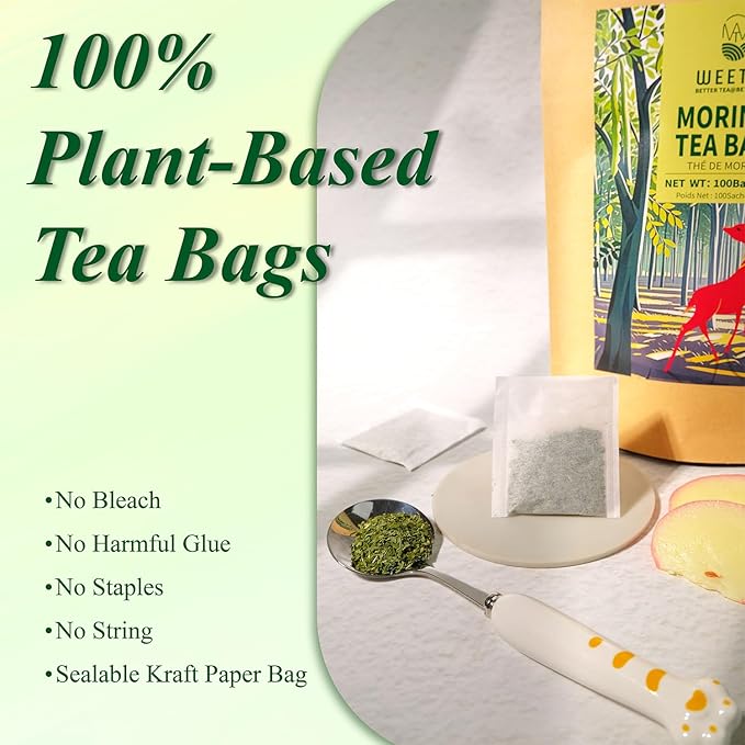 WT WEETEE Moringa Tea Bags 100 Count, 100% Pure Dried Moringa Leaves, Caffeine Free Nutrient-Dense