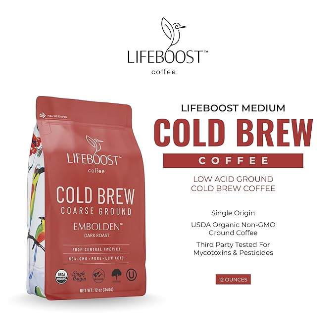 Lifeboost Dark Cold Brew Coffee - Single Origin Non-GMO USDA Organic Low Acid Coarse Ground Coffee