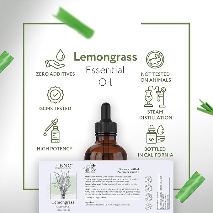 HBNO Organic Lemongrass Essential Oil - Huge 4 oz (120ml) Value Size - USDA Certified Organic