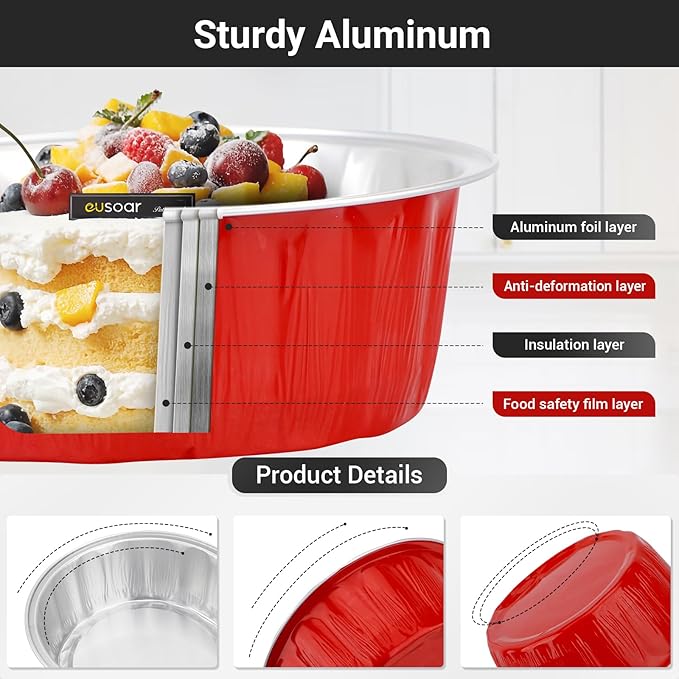 EUSOAR Cake Containers with Lids, 25pcs 9oz Red Disposable Ramekins, Muffin Liners for Baking
