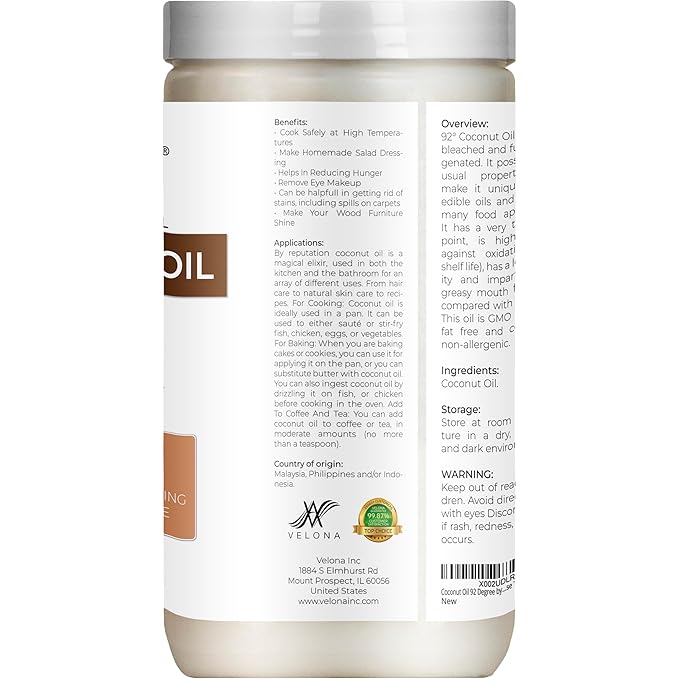 Coconut Oil 92 Degree by Velona - 32 fl oz | 100% Pure and Natural Carrier Oil | in jar | Refined