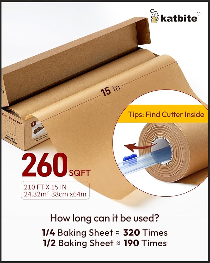 Katbite Unbleached Parchment Paper for Baking, 15 in x 210 ft, 260 Sq.Ft, Heavy Duty Baking Paper