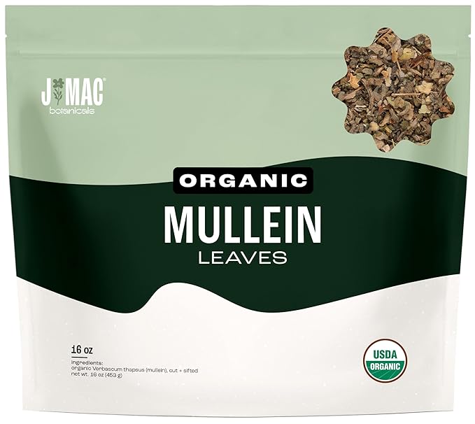 J Mac Botanicals Organic Mullein Leaves (16 oz) Certified USDA Organic. Loose Leaf Mullein Herbal