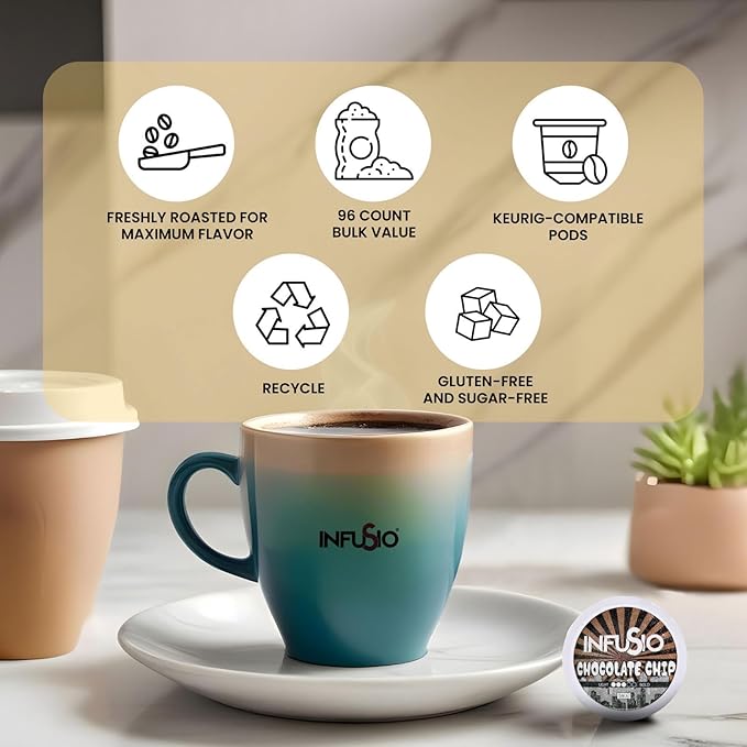 InfuSio Coffee Pods 96 Count Chocolate Chip Medium Roast Single Serve Coffee Pods for Keurig K Cups