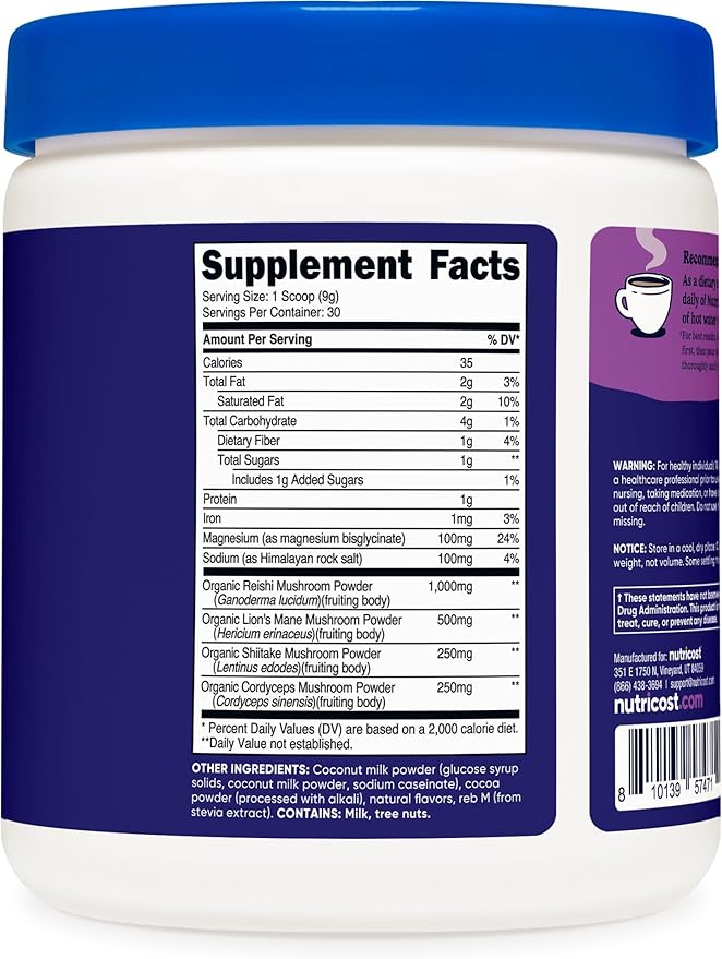 Nutricost Nutrizen PM Unwind Adaptogenic Mushroom Drink (Chocolate Flavored) 30 Servings - Includes