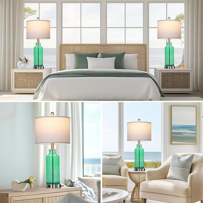 26.5" Coastal Green Glass Table Lamps Set of 2, 3-Way Dimmable Touch Control Bedside Lamps with USB