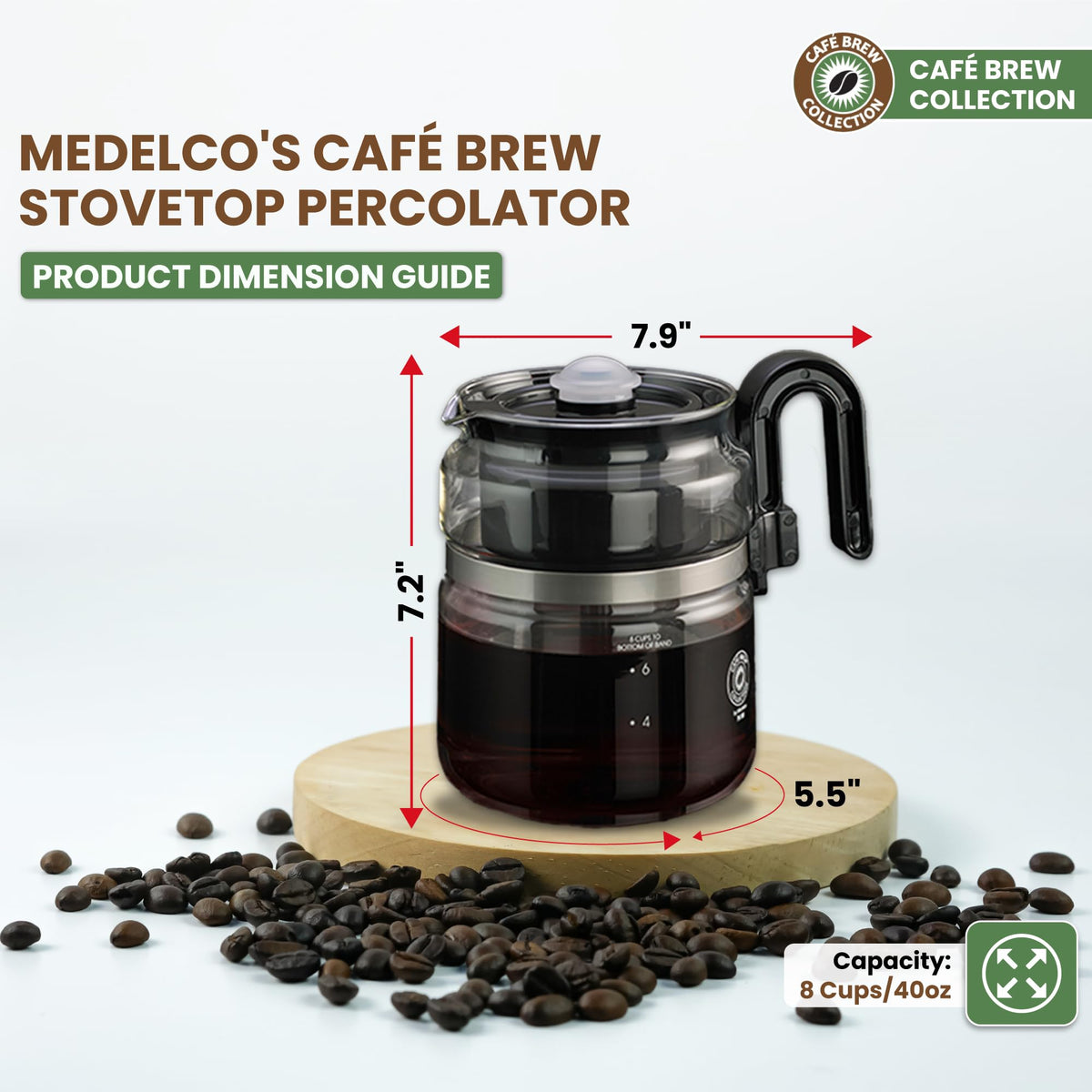 Café Brew Glass Coffee Percolator, Stovetop, 8 Cup, BPA-Free