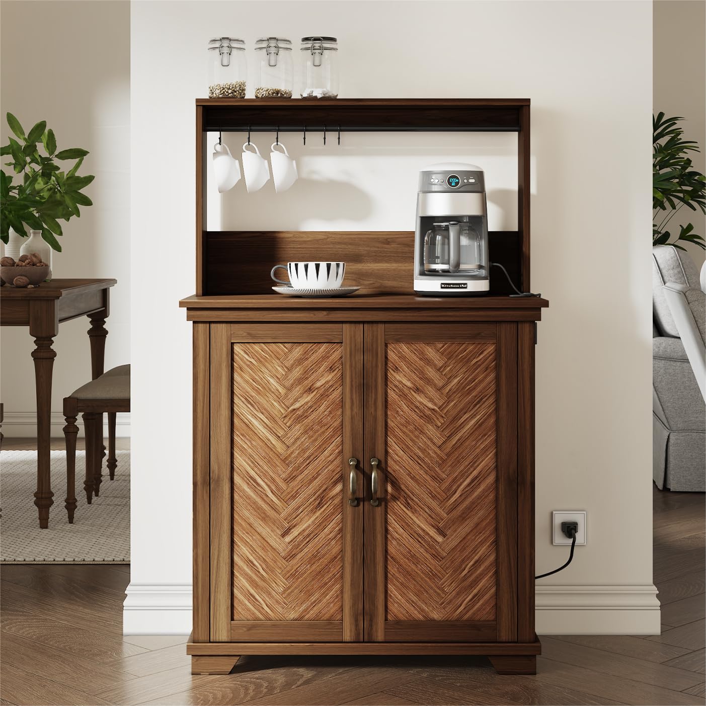 JOINICE Coffee Bar Cabinet with Storage and Charging Station,Walnut