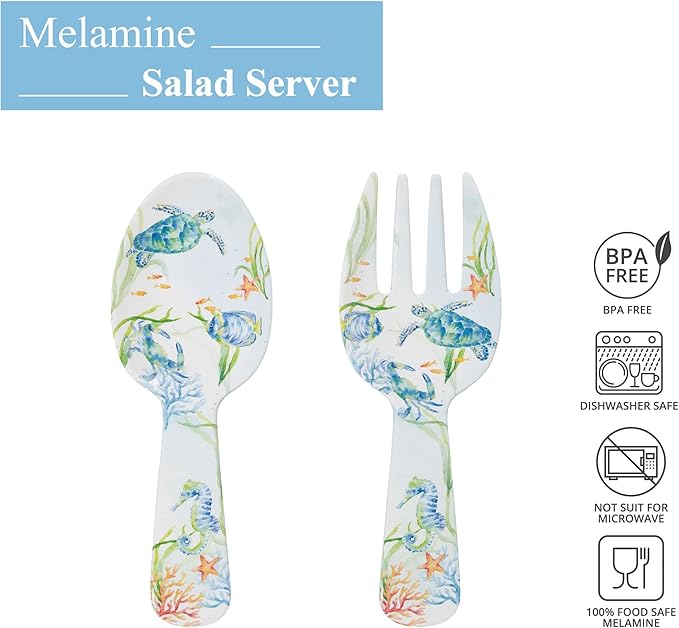 UPware Sea Life Serenade Melamine Salad Servers, Serving Utensil Set, Includes Serving Fork and