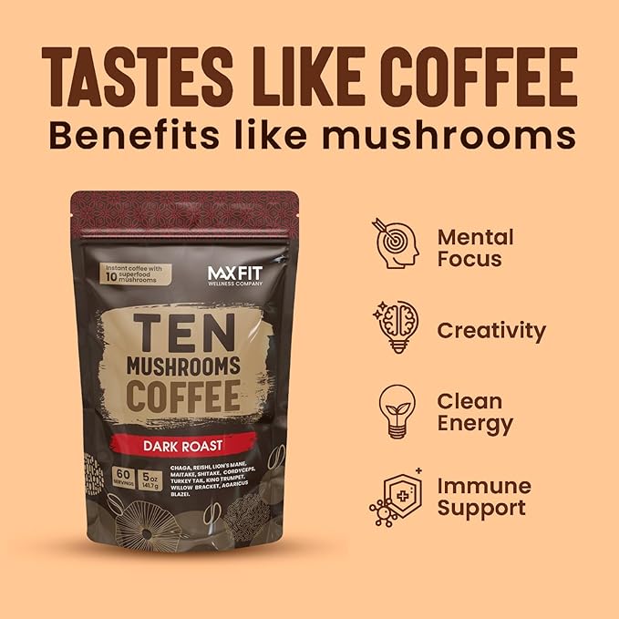 Instant Mushroom Coffee Dark Roast (60 Servings) With 10 Mushrooms (Lions Mane, Cordyceps, Turkey