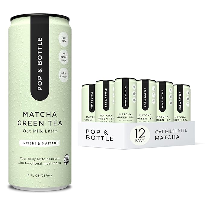 Pop & Bottle, Oat Milk Lattes - Matcha with Reishi and Maitake Mushrooms, Green Tea Latte, MCT Oil