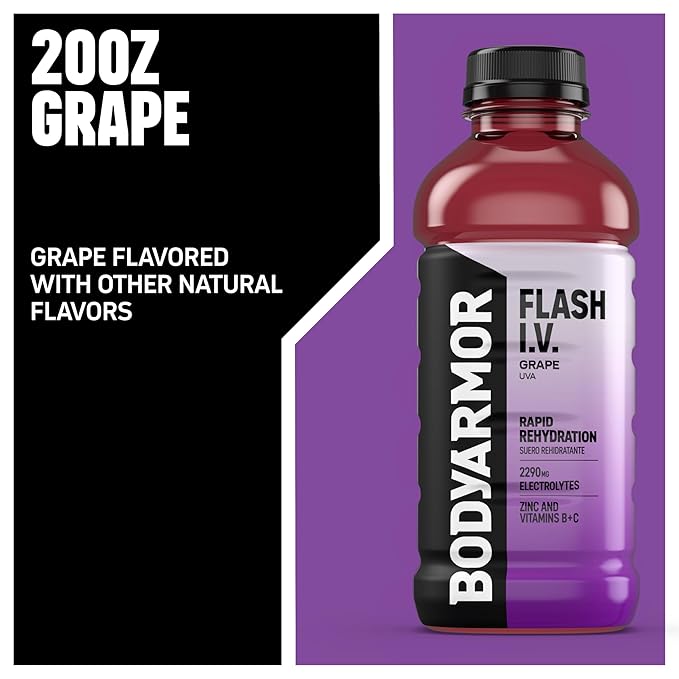 BODYARMOR Flash I.V. Electrolyte Beverage, Grape, Hydration Drink with Coconut Water For Rapid
