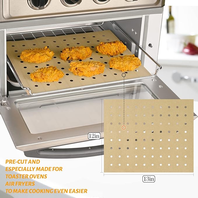 WMKGG 100 PCS Air Fryer Oven Liners, 13 x 12 inch Perforated Rectangular Parchment Paper Disposable
