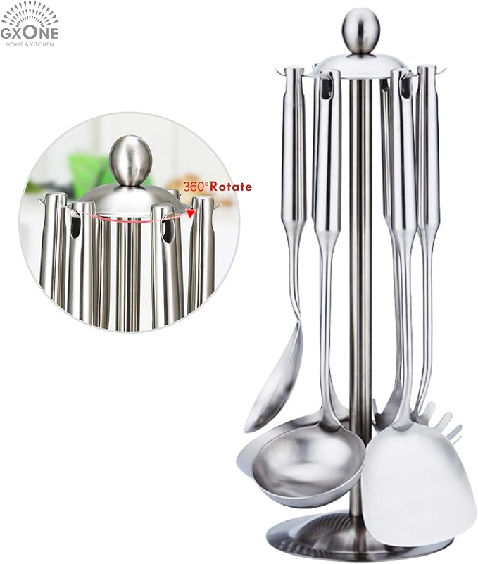 Kitchen Utensil Set ??6 Piece Stainless Steel Cooking Utensils with Rotating Holder Organizer