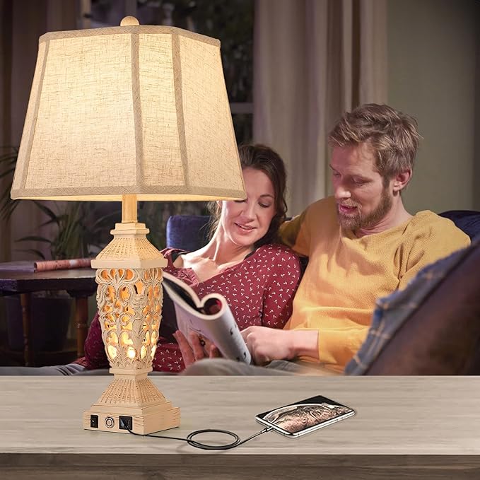 AIDENOEY Farmhouses Table Lamp with USB & USB-C Charging Ports, 3-Color Dimmable & Stepless Bottom