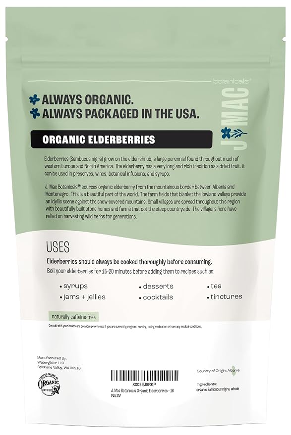 J Mac Botanicals Certified USDA - 100% Organic Dried Elderberries - 1lb Bulk - Non-Irradiated