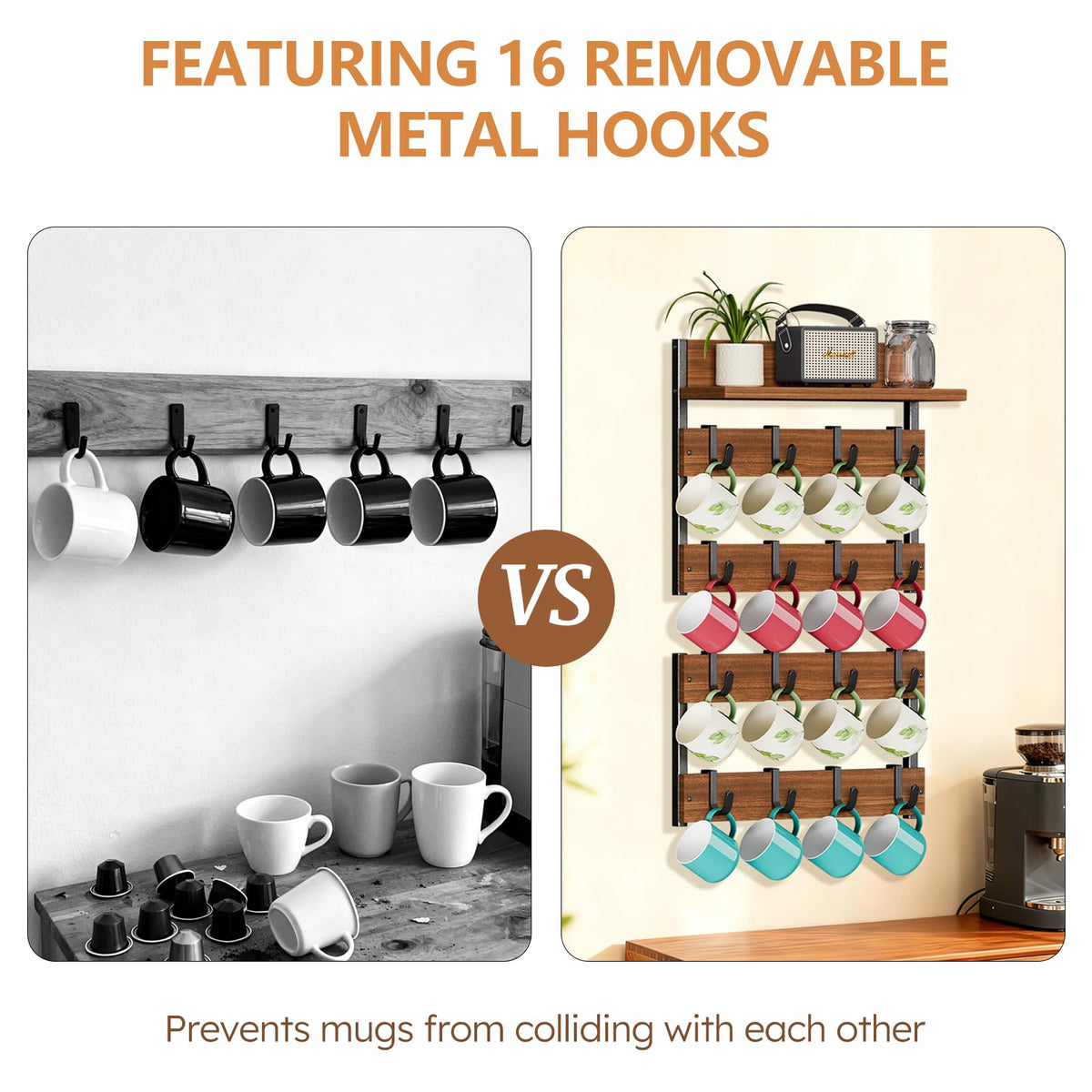 Dhmkfly 2-in-1 Coffee Cup Holder Wall Mounted with 16 Adjustable Hooks
