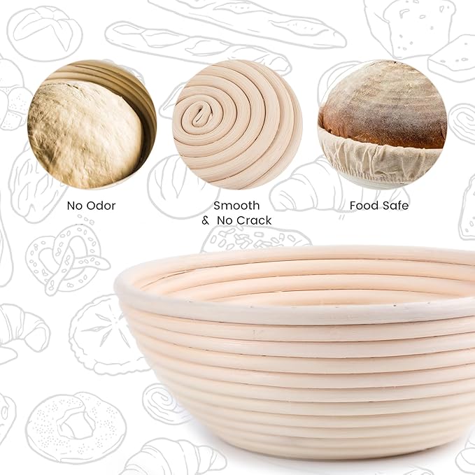 Round Bread Dough Proofing Rising Rattan Baskets(Set of 2, 9 inch) w/Liners for Home Sourdough