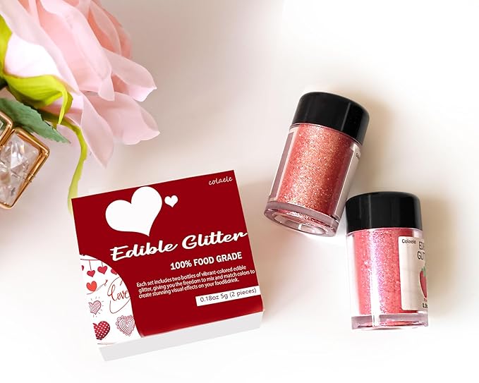 Red Pink Edible Glitter Glimmer Powder for Cakes Drinks - Valentine's Colaele 5 grams Food Grade