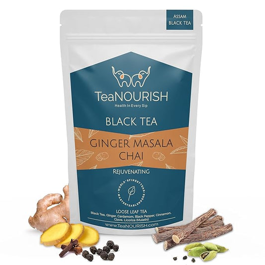 TeaNOURISH Ginger Masala Chai Tea | Assam CTC Loose Black Tea | Blended with Authentic Indian