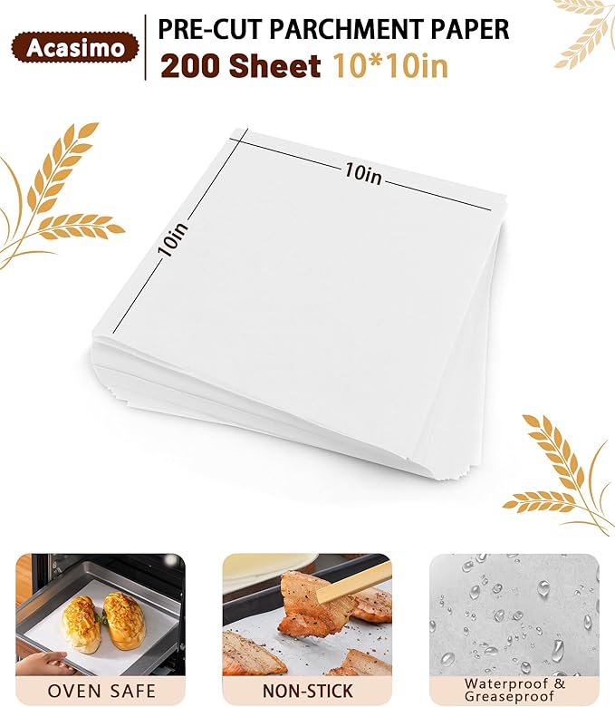 200PCS Parchment Paper Sheets, 10x10in, Squares Baking Paper for Baking, Air Fryer, Steaming