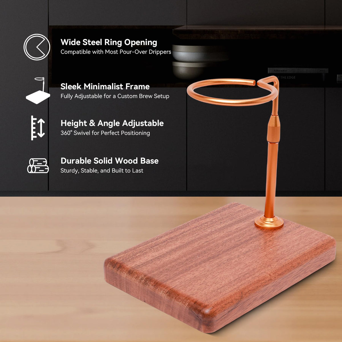 Svfreyavis Pour Over Coffee Maker with Adjustable Stand & Wooden Base, Dripper Stand for Manual