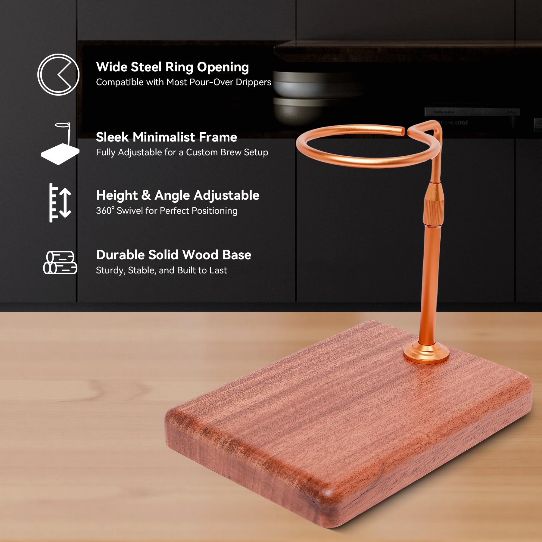 Svfreyavis Pour Over Coffee Maker with Adjustable Stand & Wooden Base, Dripper Stand for Manual