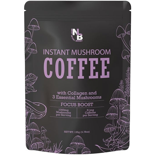 Focus Boost Organic Mushroom Instant Coffee - 135g, 15 Servings Pouch - Healthy Coffee alternative