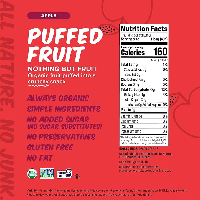 Made In Nature Organic Puffed Fruit, Apple, 1.4 Ounce Bag (Pack of 6) - Vegan Snack, Non-GMO