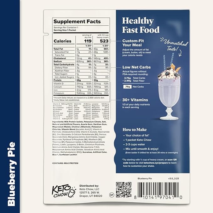 Keto Chow Blueberry Pie - Keto Meal Replacement Shake Powder - Nutritionally Complete - Low Carb