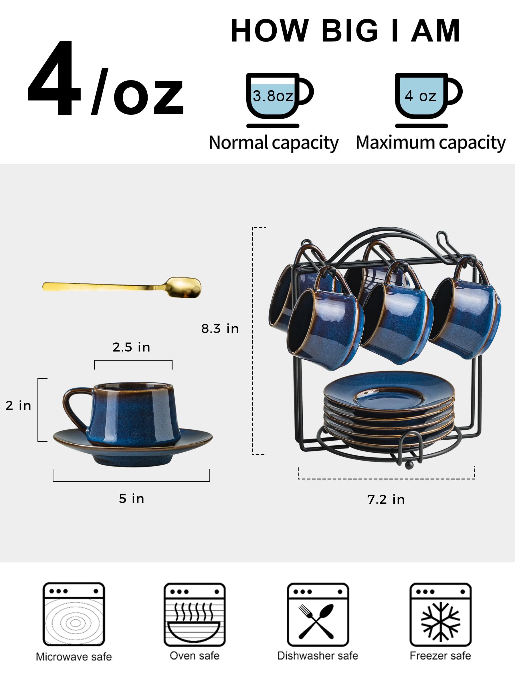 YHOSSEUN Espresso Cups Set of 6, 4 OZ Expresso Shots Cup with Sacuer, Blue