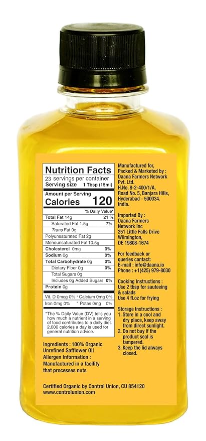 Daana Safflower Oil: Certified USDA Organic, Extra Virgin, Cold Pressed, High Oleic (12 oz)