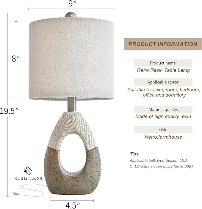 OYEARS 19” Boho Table Lamps Bedroom Living Room Set 2,Suitable for Small Space,Small Farmhouse