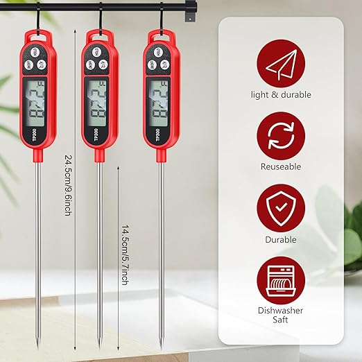 6 Pcs Instant Read Meat Thermometer with Long Probe 9.65 Inch Kitchen Cooking Food Candy Waterproof