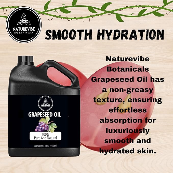 Naturevibe Botanicals Grapeseed Oil 32oz | 100% Pure Cold-Pressed & Lightweight Carrier Oil |