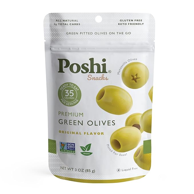 Poshi Green Olives On-The-Go - Original Flavor - Single Serve Pitted Olives - Convenient and