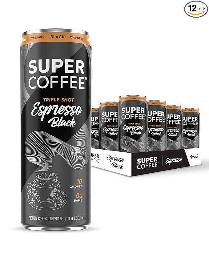 SUPER COFFEE Espresso, Iced Keto Coffee (0g Added Sugar, 10 Calories) [Triple Shot Black] 11 Fl Oz