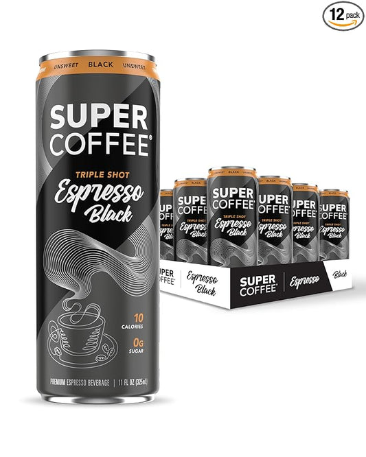 SUPER COFFEE Espresso, Iced Keto Coffee (0g Added Sugar, 10 Calories) [Triple Shot Black] 11 Fl Oz
