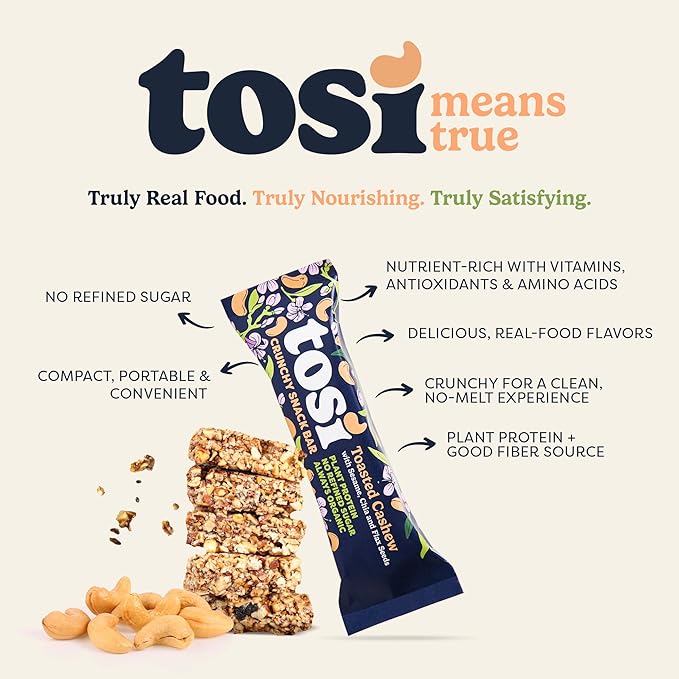 Tosi Cashew Protein Bars, Plant Based with Nuts, Gluten-Free Crunchy Snacks, Vegan, Organic, Flax &
