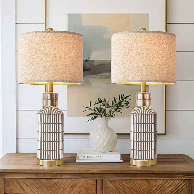 25" Table Lamps Set of 2, Modern Ceramic Bedside Lamps - Farmhouse Brown Nightstand Lamps for
