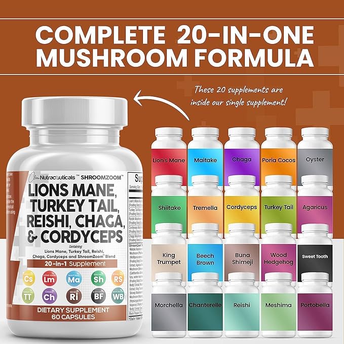 Clean Nutraceuticals Lions Mane 20in1 Mushroom Supplement with Turkey Tail Reishi Cordyceps Chaga