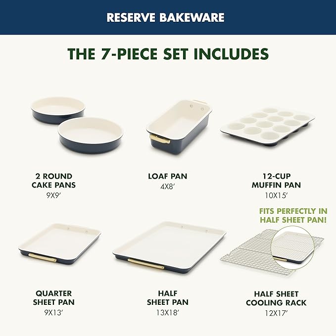 GreenPan Bakeware Set, 7 Piece Nonstick Ceramic Gold Handle Baking Sheets, Cake Pans, Loaf Pan