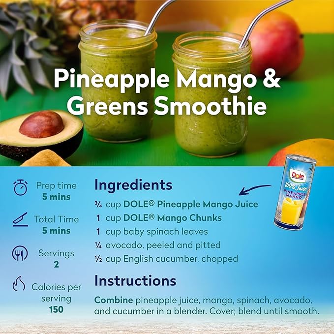 Dole 100% Pineapple Mango Juice, No Added Sugar, Excellent Source of Vitamin C, 100% Fruit Juice